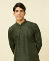 alt message - Manyavar Men Dark Green Lattice Patterned Sequined Kurta Set image number 0